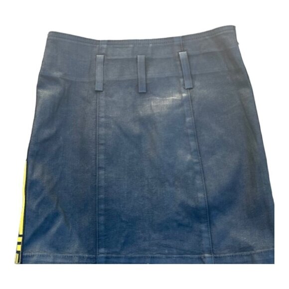 LF NWT Anne Black Wax Coated Denim Mini Skirt Size 23 Yellow Logo MSRP $268 - Picture 7 of 10